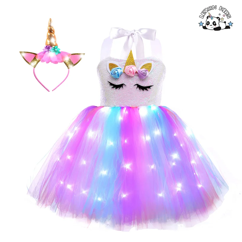 LEZONKIDS - Fashion 2023 Unicorn Party dress Unicorn Princess Led Light Up Girls Dresses with Headband